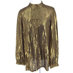 Vertigo Paris Silk Lurex Metallic Gold Mock Neck Blouse Medium NWT
